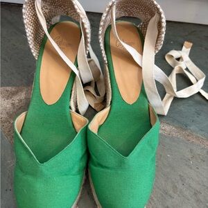 Castaner Green Canvas Espadrille Wedge with Ankle Wraps
